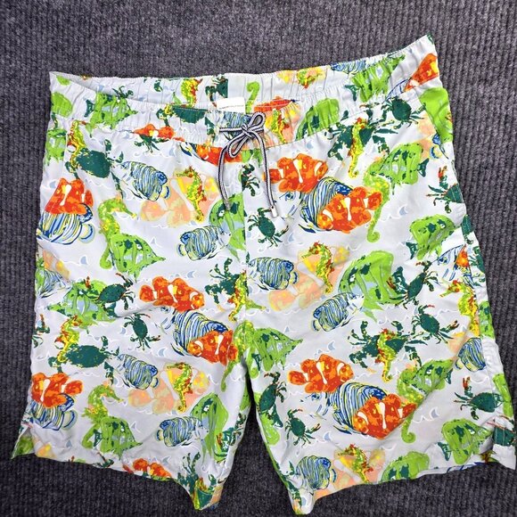 Peter Millar Swim Trunks Mens M Blue Fish Seaside Lined Beach Ocean Pockets - Picture 1 of 8